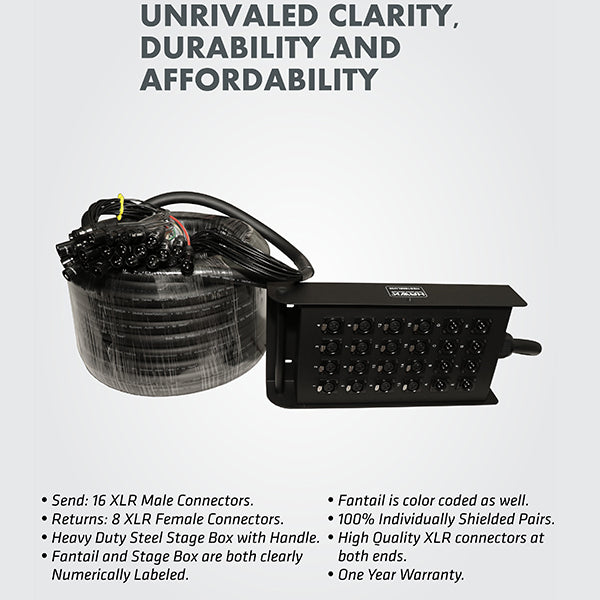 Hawk HSS1608LU30 24 Channel Snake Cable with Stage Box with 16 in and 8 out, 30 Meters, Balanced Cable