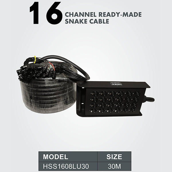 Hawk HSS1608LU30 24 Channel Snake Cable with Stage Box with 16 in and 8 out, 30 Meters, Balanced Cable