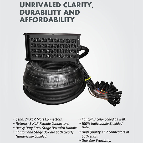 Hawk HSS2408LU30 32 Channel Snake Cable with Stage Box with 24 in and 8 out, 30 Meters, Balanced Cable