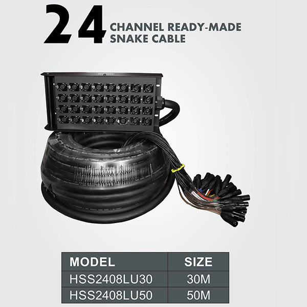 Hawk HSS2408LU30 32 Channel Snake Cable with Stage Box with 24 in and 8 out, 30 Meters, Balanced Cable