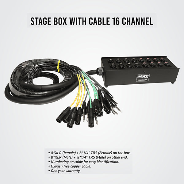 Hawk HSS88LU06 16 Channel 8 XLR Male and 8 1/4″ TRS Male Readymade Snake Cable, 6 Meters, Balanced Cable