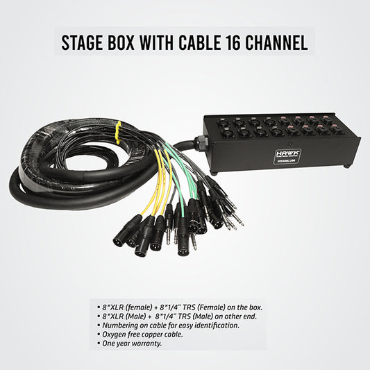 Hawk HSS88LU06 16 Channel 8 XLR Male and 8 1/4″ TRS Male Readymade Snake Cable, 6 Meters, Balanced Cable