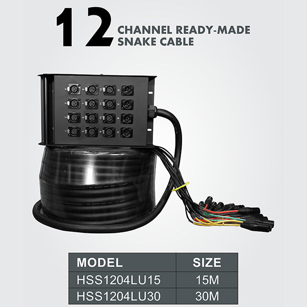Hawk HSS1204LU30 16 Channel Snake Cable with Stage Box with 12 in and 4 out, 30 Meters, Balanced Cable