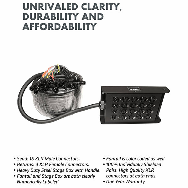 Hawk HSS1604LU30 20 Channel Snake Cable with Stage Box with 16 in and 4 out, 30 Meters, Balanced Cable