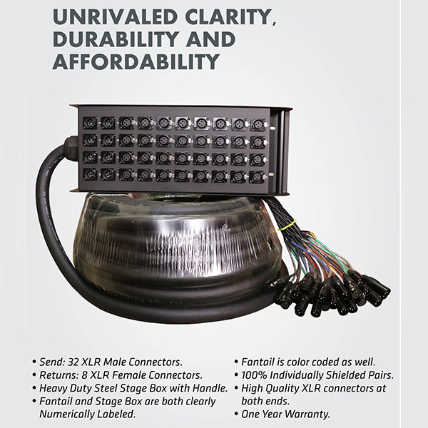 Hawk HSS3208LU30 40 Channel Snake Cable with Stage Box with 32 in and 8 out, 30 Meters, Balanced Cable