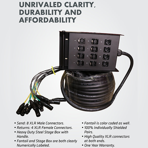 Hawk HSS804LU15 12 Channel Snake Cable with Stage Box with 8 in and 4 out, 15 Meters, Balanced Cable