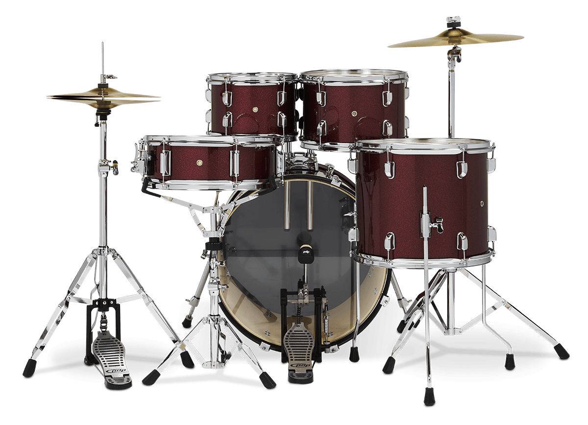 PDP PDCE2215KTRR Center Stage 5-piece Complete Drum Set with Cymbals - Ruby Red Sparkle