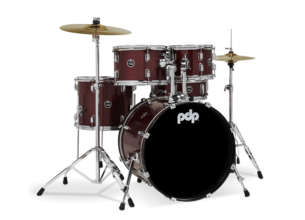PDP PDCE2215KTRR Center Stage 5-piece Complete Drum Set with Cymbals - Ruby Red Sparkle