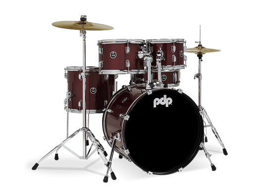 PDP PDCE2215KTRR Center Stage 5-piece Complete Drum Set with Cymbals - Ruby Red Sparkle