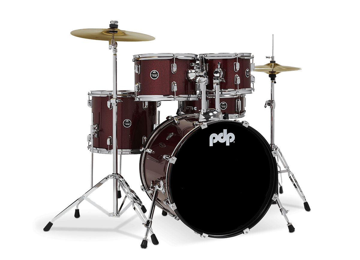 PDP PDCE2015KTRR Center Stage 5-piece Complete Drum Set with Cymbals - Ruby Red Sparkle